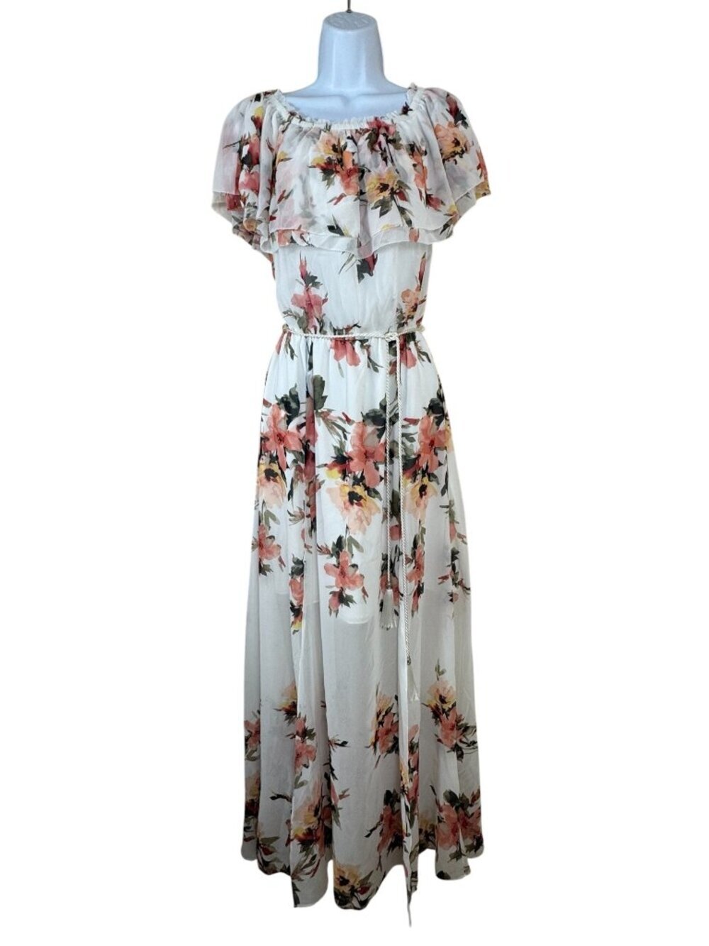 White House Black Market NEW Floral Ruffle Dress Size Small Ivory Peach Summer